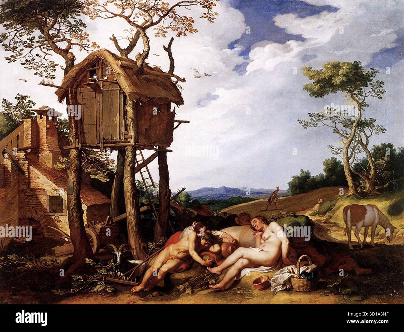 BLOEMAERT, Abraham (B. 1566, Gorinchem, d. 1651, Utrecht) paesaggio con la parabola delle tarate tra il grano 1624 olio su tela, 100 x 133 cm Walters Art Museum, Baltimora questo dipinto rappresenta la transizione dai dipinti di paesaggio narrativo e maniacale del XVI secolo alle osservazioni reali dei pittori paesaggistici del XVII secolo. In questo dipinto il paesaggio funziona come l'ambientazione di una storia biblica. La figura chiave è il piccolo uomo con le corna in agguato sullo sfondo: Il diavolo che semina sfreccia tra il grano mentre i contadini dormono (Matteo 13, 25). Foto Stock