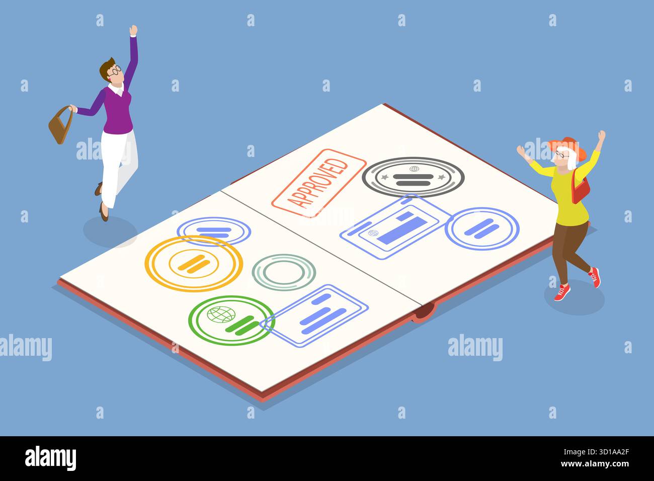 Illustrazione piatta isometrica 3D di controllo passaporti, timbri ufficio immigrazione Foto Stock