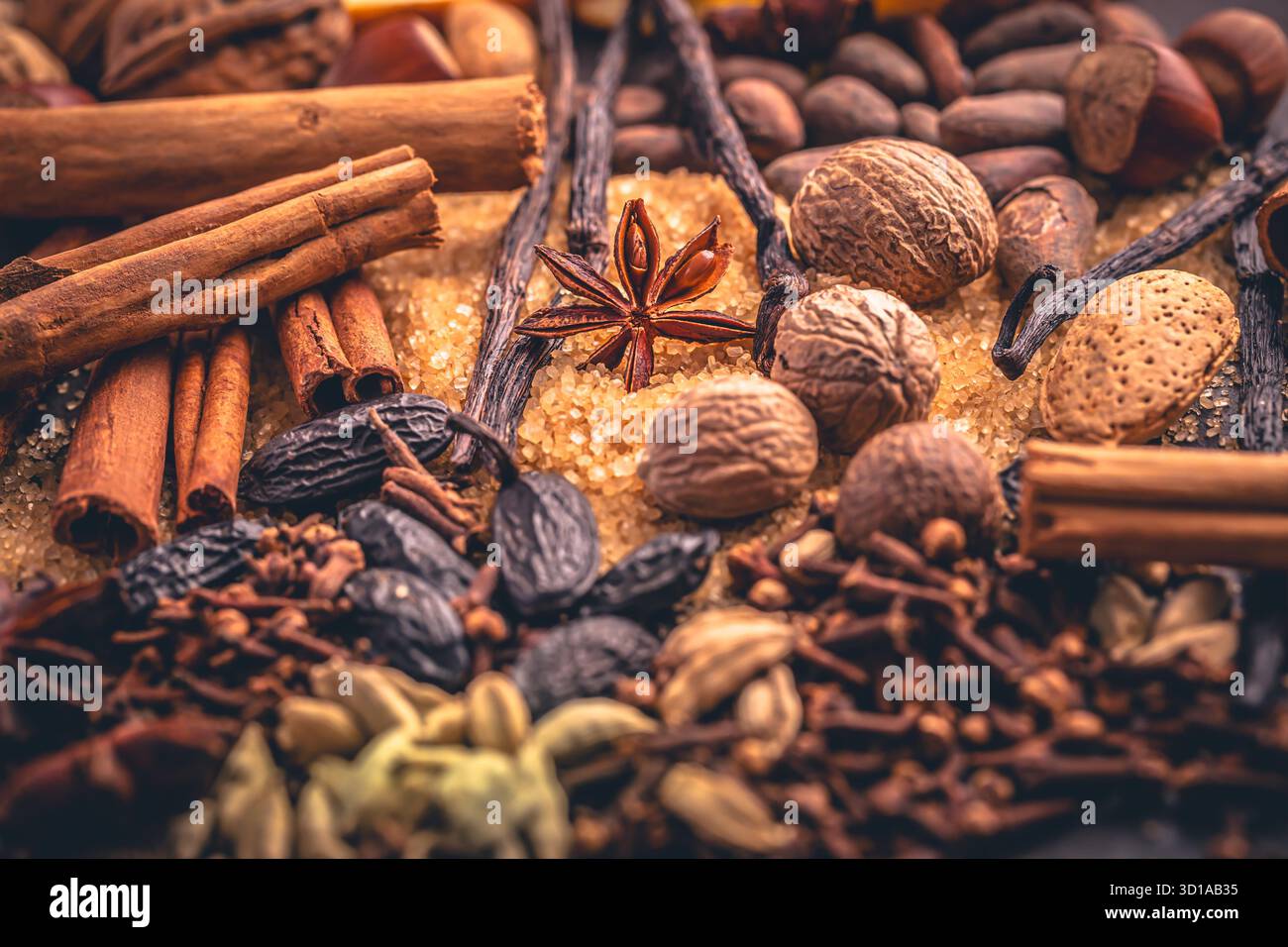 Spezie invernali calde con anice stellato, cannella, arancia secca, chiodi di garofano e noci Foto Stock