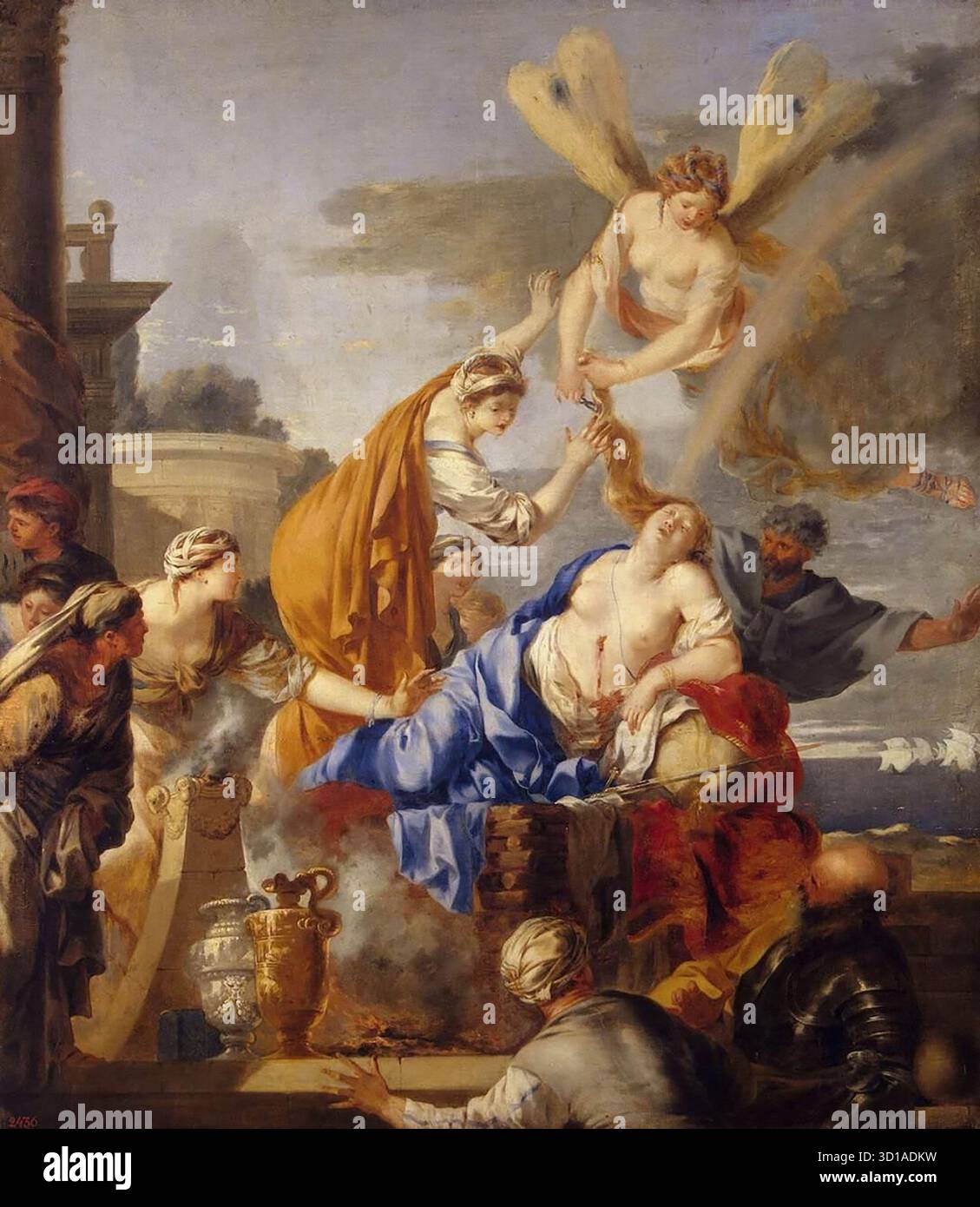 BOURDON, S'bastien (1616, Montpellier, d. 1671, Parigi) morte di Dido 1637-40 olio su tela, 159 x 137 cm l'eremo, San Pietroburgo la storia raffigurata nel dipinto è dell'Eneide di Virgilio (4:362-392). Gli amanti, Dido e Enea, passarono un intero inverno in compagnia dell'altro, fino a quando Enea fu improvvisamente visitata da mercurio, il messaggero degli dei, con ordini acuti da Giove di essere in viaggio. Ha preso il suo congedo tra scene di implorazione appassionata, vituperazione e lacrime. Quando Enea se n'era andata, Dido costruì una pira funeraria nel palazzo e si uccise su di esso, usando la spada dei suoi amanti. Foto Stock