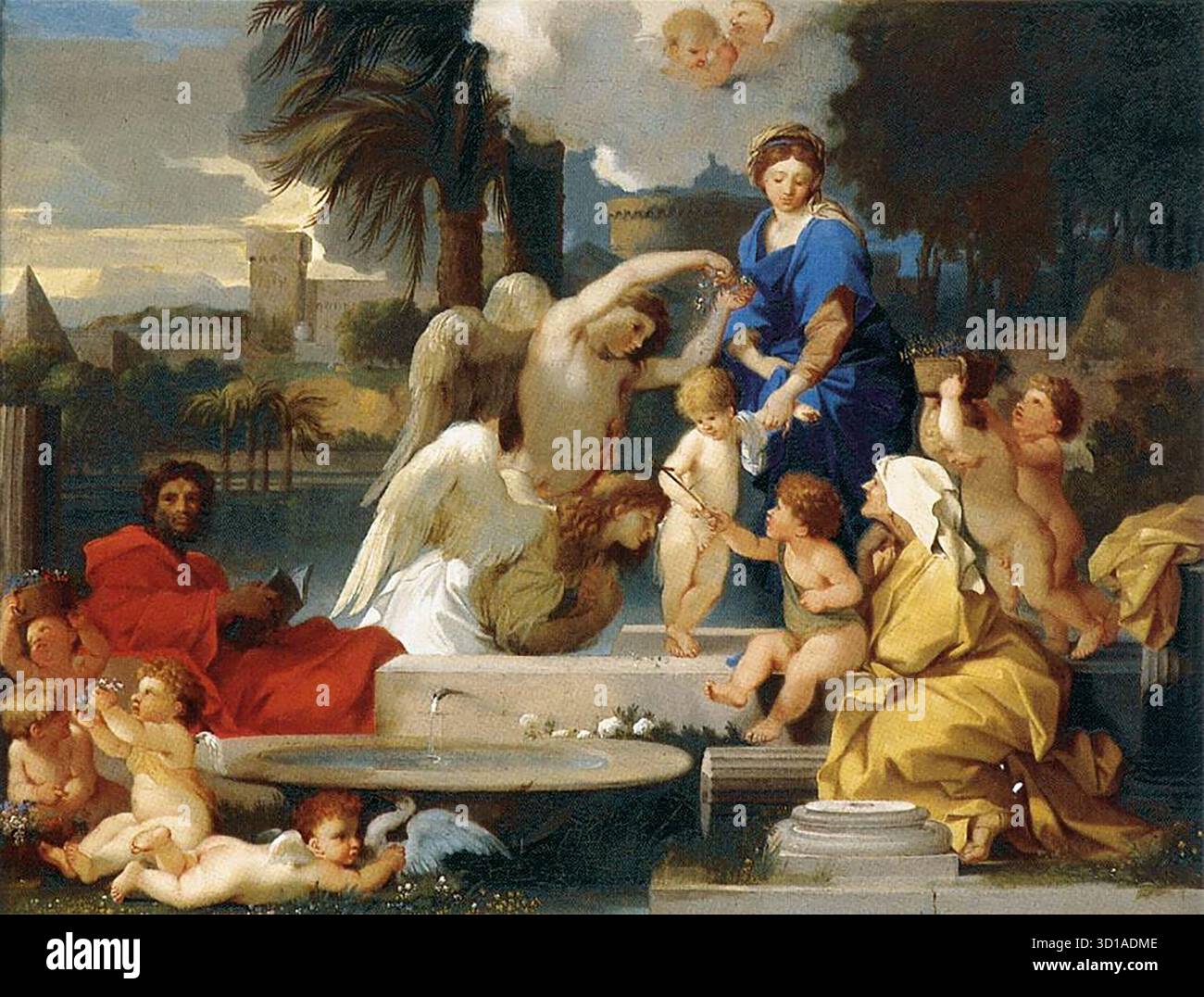BOURDON, S'bastien (1616, Montpellier, 1671, Parigi) la Sacra famiglia con Santa Elisabetta e il bambino San Giovanni Battista 1660 olio su tela, 39 x 50 cm Museo Thyssen-Bornemisza, Madrid la Sacra famiglia è ritratta in un paesaggio immaginario circondato da angeli e cherubini. Il trattamento classicista e idealizzato della scena riflette la tendenza idealista che si sviluppò in Francia per mano di Poussin e che rimase diffusa per tutto il XVIII secolo. --- parole chiave: --------------- Autore: BOURDON, San bastien titolo: La Sacra famiglia con Santa Elisabetta e il bambino St Joh Foto Stock