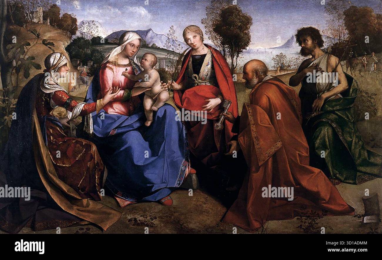 BOCCACCINO, Boccaccio (c. 1460, Ferrara, d. 1525, Cremona) Vergine e bambino con santi c. 1505 pannello, 87 x 143 cm gallerie dell'Accademia, Venezia sullo sfondo è l'annuncio ai pastori, così come alla Sacra famiglia in fuga in Egitto due volte e ai Magi a cavallo. Le santa rappresentate in primo piano sono Caterina d'Alessandria, Cristina, Pietro e Giovanni Battista. --- parole chiave: --------------- Autore: BOCCACCINO, Boccaccio titolo: Vergine col bambino con santi linea temporale: 1451-1500 Scuola: Italiano forma: Pittura tipo: Religioso Foto Stock