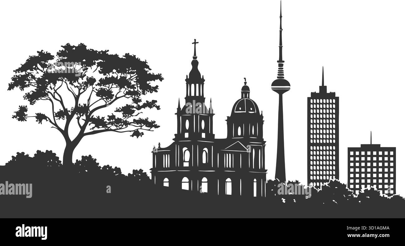 Design ad alta risoluzione in bianco e nero con silhouette City skyline per una grafica urbana moderna Illustrazione Vettoriale