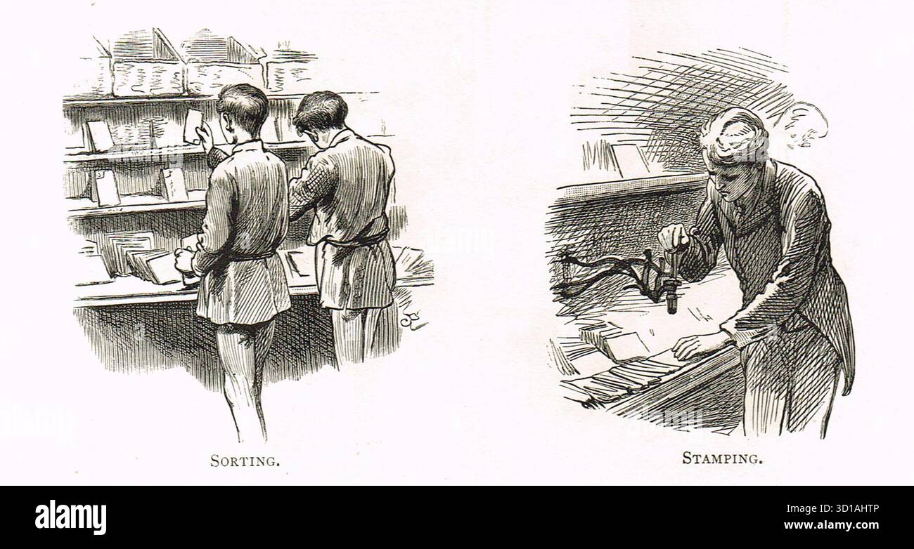 Lavori al GPO, smistamento e stampaggio, General Post Office, Victorian London, Inghilterra Foto Stock
