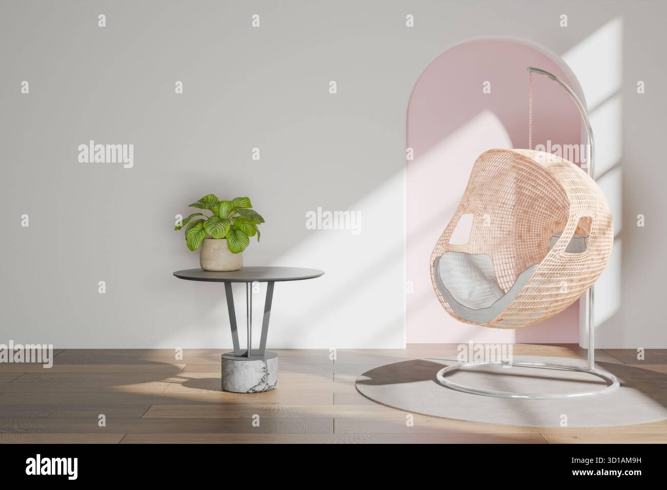 una camera luminosa e minimalista con pareti bianche e pavimento in legno Foto Stock