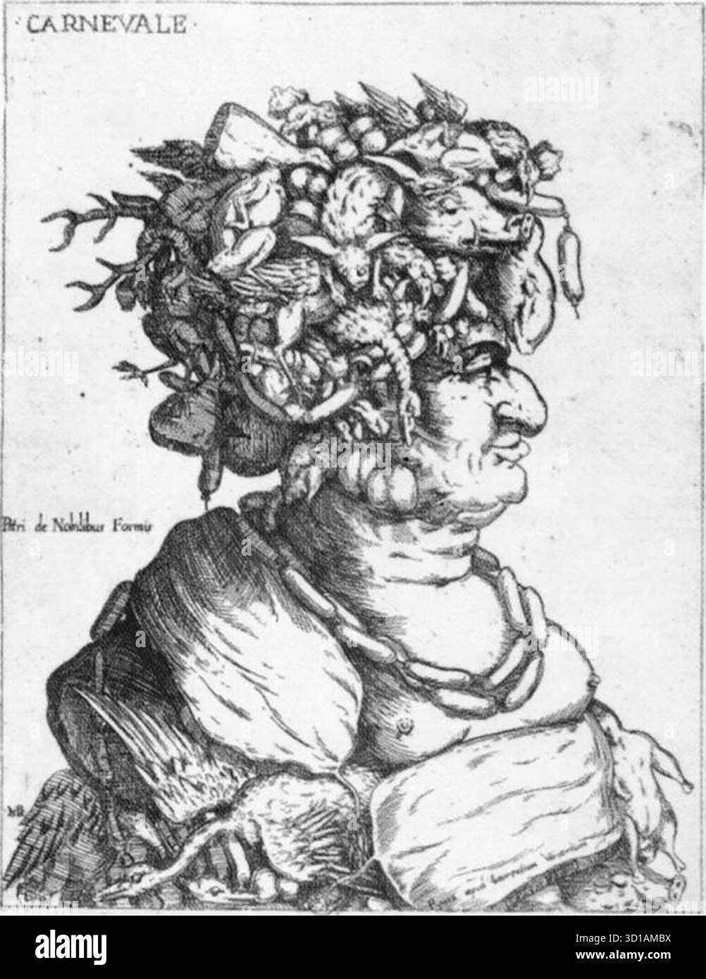 BRAMBILLA, Ambrogio (attivo 1579?1599 a Roma) Carnevale - incisione Biblioth?que Nationale, Parigi le immagini di teste composite di Giuseppe Arcimboldo possono essere collegate a fonti popolari e al carnevalesco. A questo proposito possono essere citate le stampe di Ambrogio Brambilla di Quaresima e Carnevale, in cui sono evidenti le carni. --- parole chiave: --------------- Autore: BRAMBILLA, Ambrogio titolo: Carnevale Time-line: 1551-1600 Scuola: Italiano forma: Grafica tipo: Altro Foto Stock