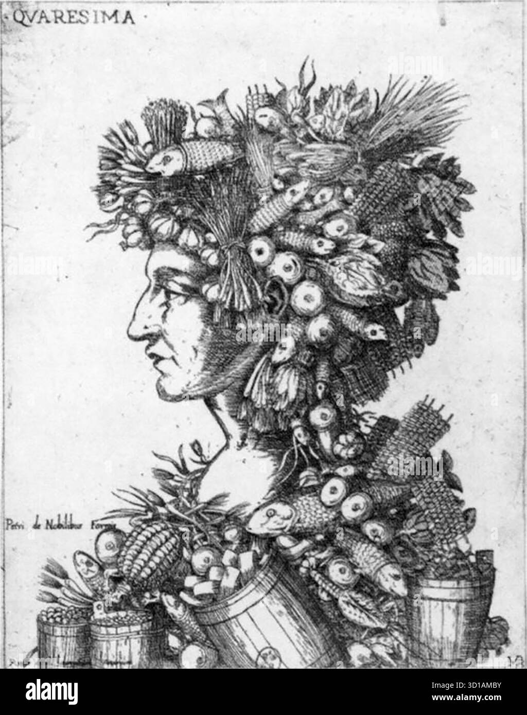 BRAMBILLA, Ambrogio (attivo 1579?1599 a Roma) Quaresima - incisione Biblioth?que Nationale, Parigi le immagini di teste composite di Giuseppe Arcimboldo possono essere collegate a fonti popolari e carnivalesche. A questo proposito possono essere citate le stampe di Ambrogio Brambilla di Quaresima e Carnevale, in cui sono evidenti le carni. --- parole chiave: --------------- Autore: BRAMBILLA, Ambrogio titolo: Lent Time-line: 1551-1600 Scuola: Italian form: Graphics Type: Other Foto Stock
