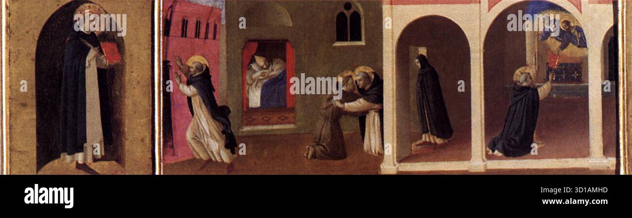 ANGELICO, fra (nato ca. 1400, Vicchio nel Mugello, d. 1455, Roma) Vergine col bambino e quattro Santi (particolare della predella) c. 1437 pannello, 23 x 230 cm (intera predella) Museo Diocesano, Cortona sulla predella, splendidamente dipinta in miniatura, episodi della vita di San Domenico, e altre immagini di santi e angeli sono rappresentate. La predella parte parte da sinistra con San Pietro Martire, seguita dalle scene del sogno di Innocenzo III di San Domenico che regge la chiesa cadente, l'incontro di San Domenico e San Francesco, poi San Domenico riceve il libro e il bastone degli Apostoli Pietro Foto Stock