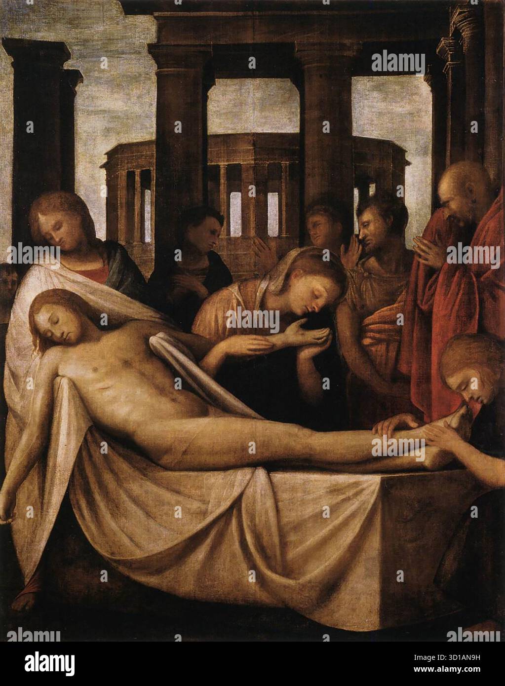 BRAMANTINO (B. CA. 1465, Milano, d. 1530, Milano) Lamentazione di Cristo 1520-25 olio su tela, 174 x 158 cm Civico Museo d'Arte Antica, Castello Sforzesco, Milano questo dipinto era originariamente una pala d'altare a San Barnaba, Milano, una chiesa demolita e poi ricostruita da Galeazzo Alessi nel 1561. Rappresenta un importante palcoscenico del tardo periodo di Bramantino, il più significativo pittore lombardo del Rinascimento, attivo anche come architetto. --- parole chiave: --------------- Autore: BRAMANTINO titolo: Lamentazione di Cristo linea temporale: 1451-1500 Scuola: Forma italiana: Pittura tipo: Religioso Foto Stock
