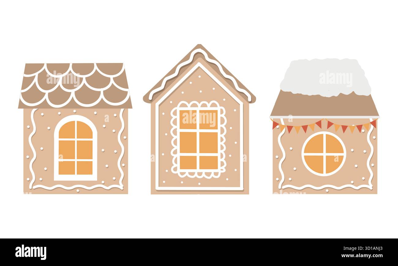 Una serie di graziose case invernali di pan di zenzero. Tende stilizzate per il mercatino di Natale. Bancarelle natalizie Vector Flat Clipart. Illustrazioni di case isolate su sfondo bianco Illustrazione Vettoriale