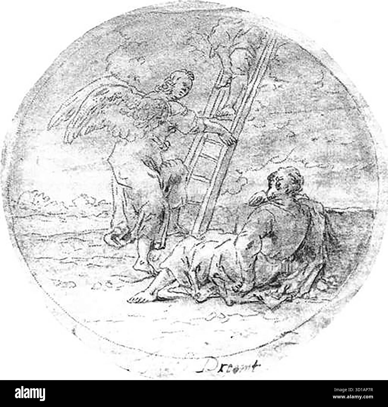 BRAMER, Leonaert (B. 1596, Delft, d. 1674, Delft) Jacob's Dream 1657-59 Brush and Grey ink, diametro 135 mm Koninklijke Tichelaar, Makkum questo disegno è un disegno per un piatto prodotto nel forno Delftware. E' puntato per il trasferimento. --- parole chiave: --------------- Autore: BRAMER, Leonaert titolo: Jacob's Dream Time-line: 1601-1650 School: Dutch Form: Graphics Type: Religious Foto Stock