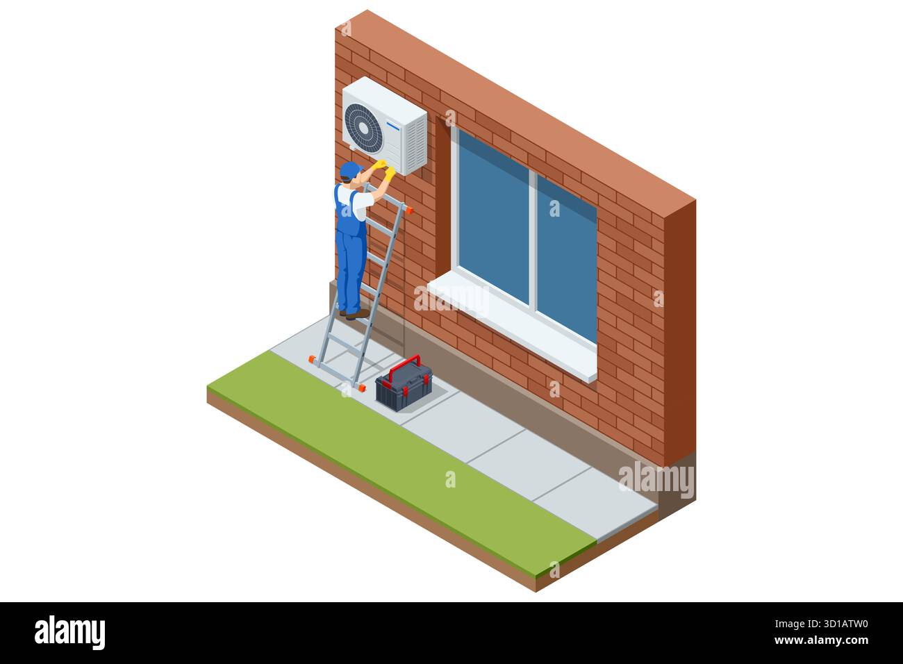 Tecnico isometrico sulla scala che installa l'unità condizionatore d'aria esterna sulla parete dell'edificio. Concetto di riparazione e installazione HVAC. Manutenzione, HVAC Illustrazione Vettoriale