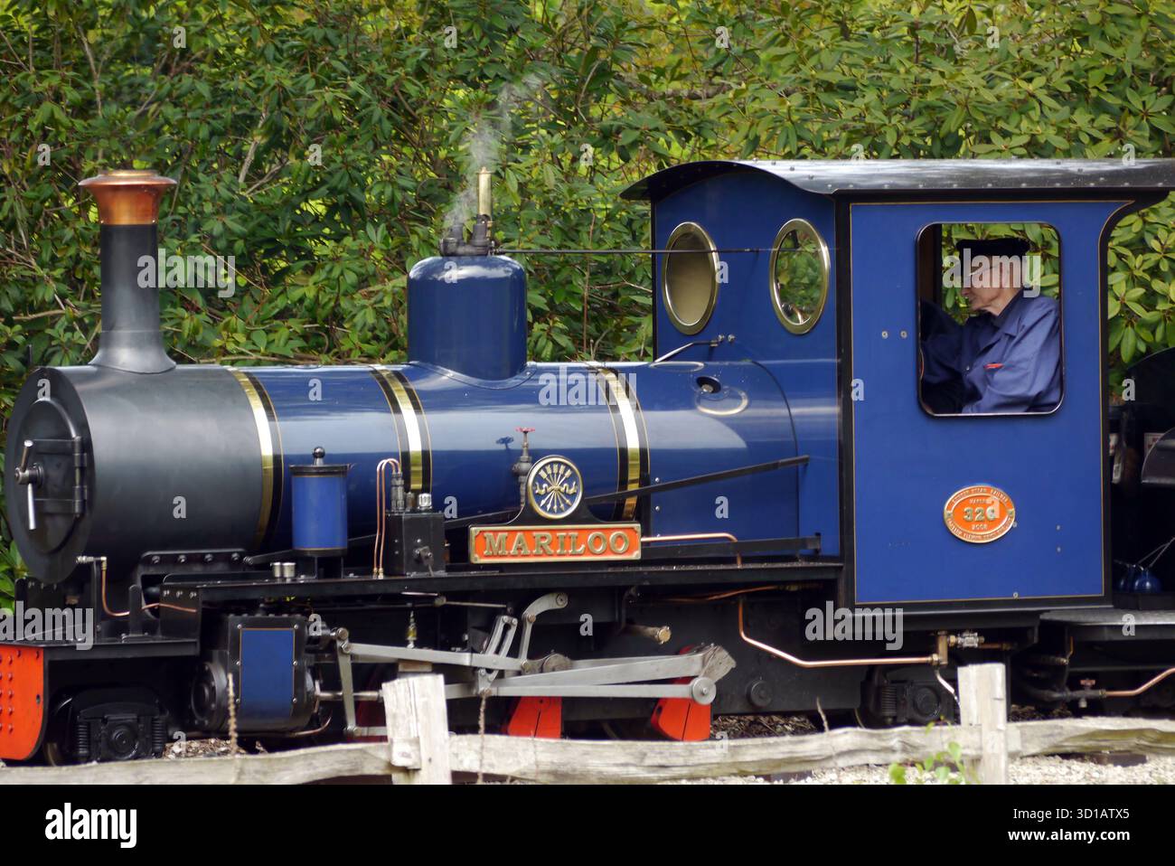 La "Mariloo" è una locomotiva a vapore 2-6-2 utilizzata per trasportare carrozze passeggeri attraverso Exbury Gardens, New Forest, Hampshire, Inghilterra, Regno Unito. Foto Stock