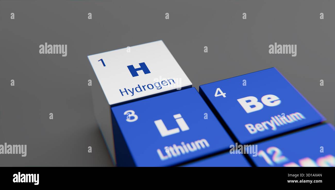 Vista dettagliata dell'elemento chimico H idrogeno con il numero atomico 1 all'interno della tavola periodica degli elementi. Effetto di dispersione dinamica sullo spigolo Foto Stock