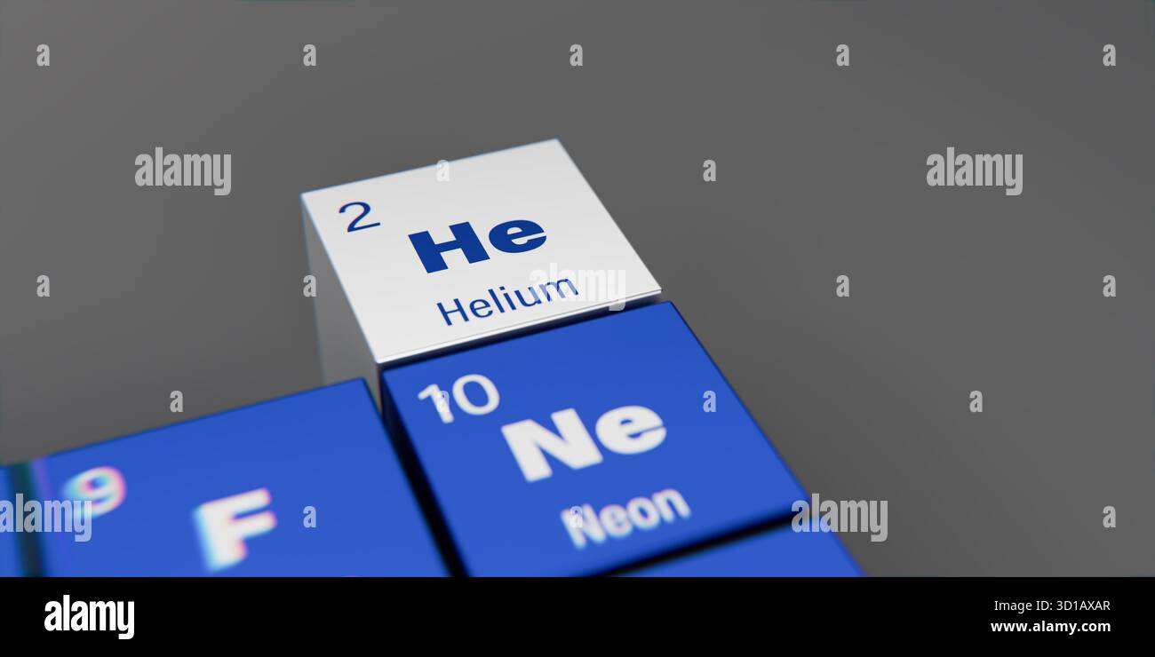 Vista di dettaglio dell'elemento chimico He Helium con il numero atomico 2 all'interno della tavola periodica degli elementi. Effetto di dispersione dinamica agli angoli Foto Stock