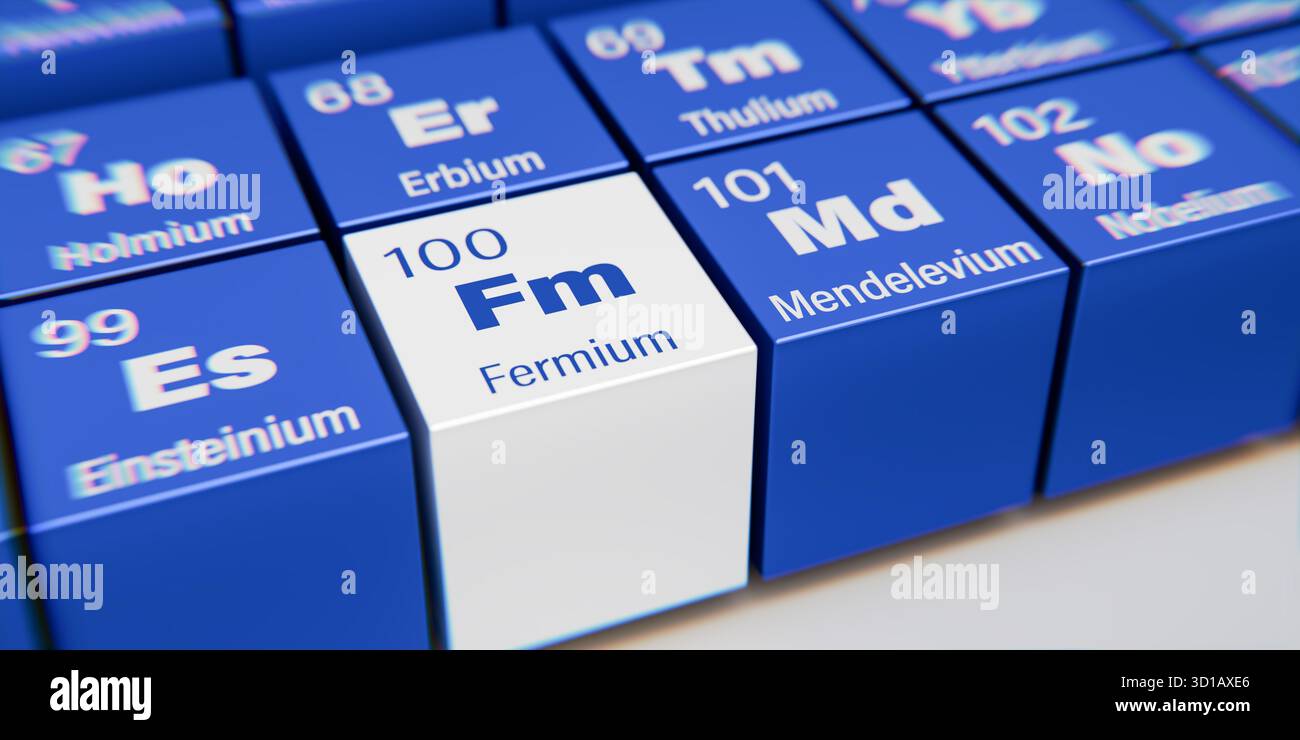 Vista dettagliata dell’elemento chimico FM Fermium con il numero atomico 100 nella tavola periodica degli elementi. Effetto di dispersione dinamica sul granturco Foto Stock