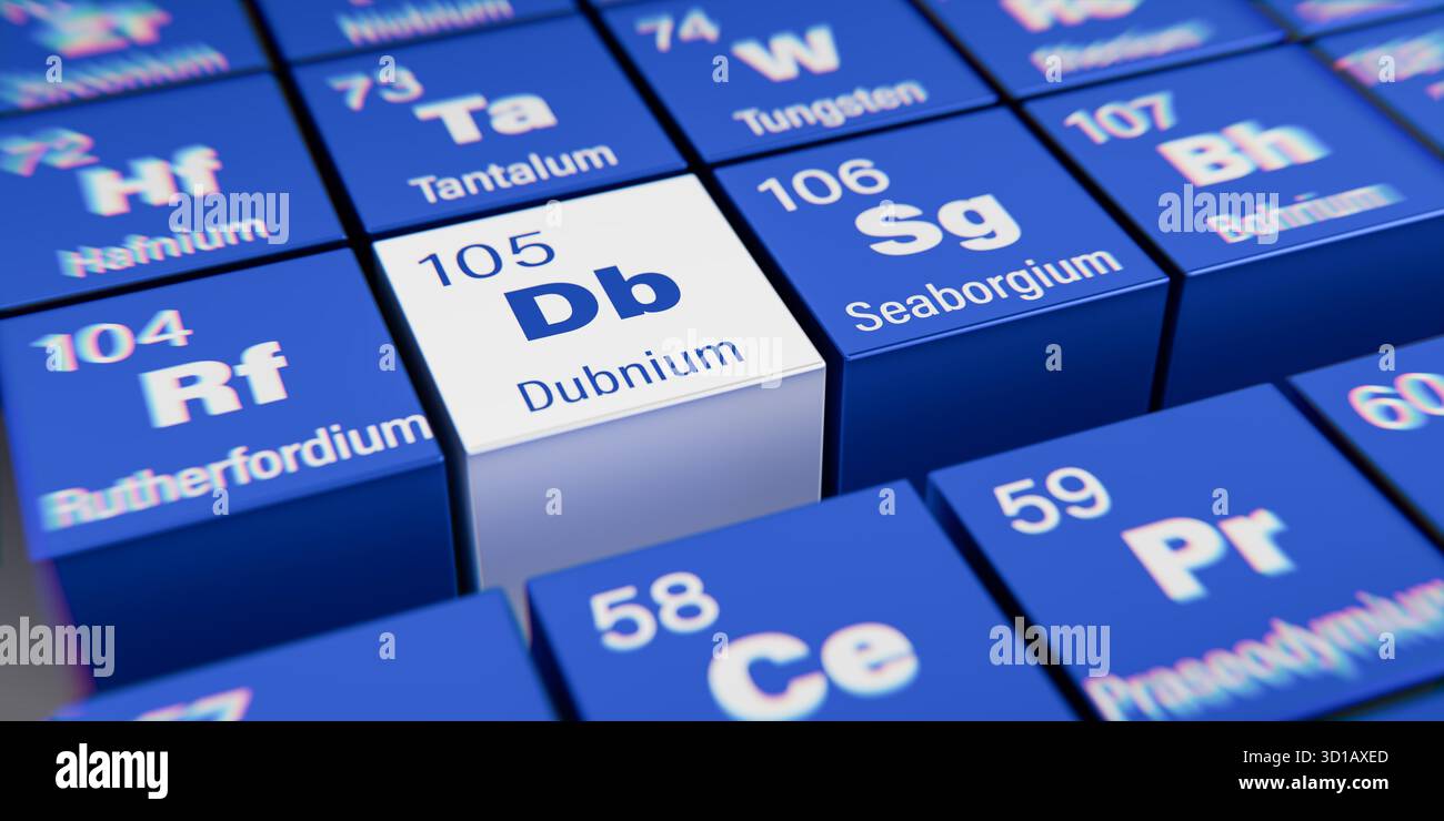 Vista dettagliata dell'elemento chimico dB Dubnium con il numero atomico 105 all'interno della tavola periodica degli elementi. Effetto di dispersione dinamica sul granturco Foto Stock