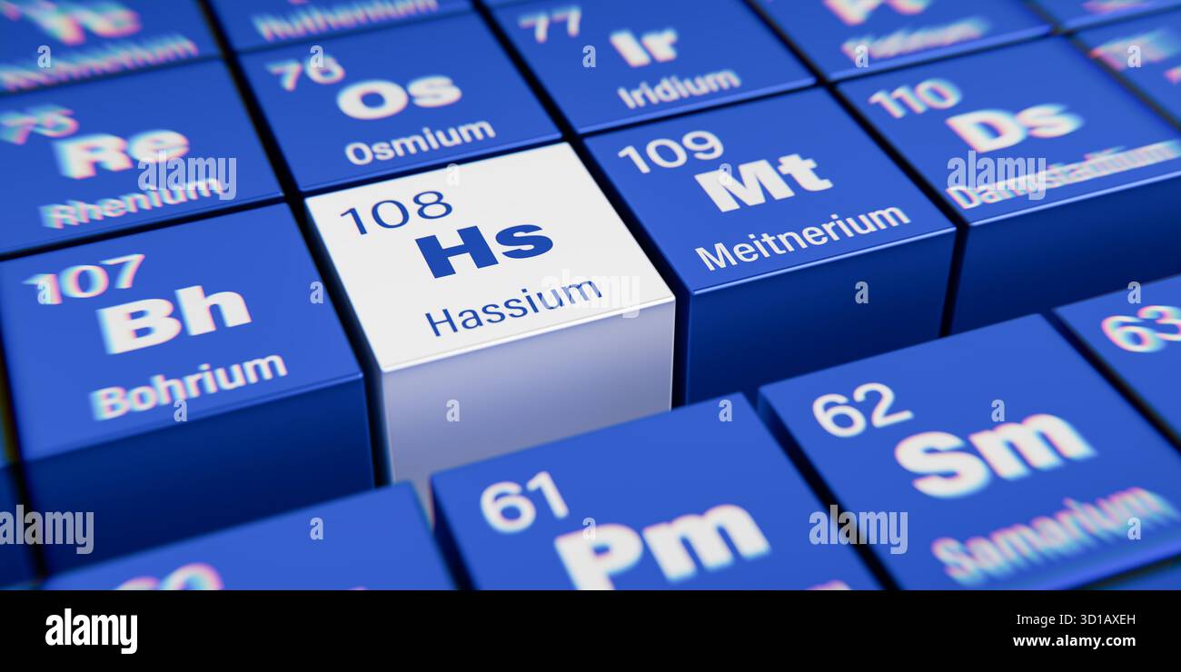 Vista di dettaglio dell'elemento chimico HS Hassium con il numero atomico 108 all'interno della tavola periodica degli elementi. Effetto di dispersione dinamica sul granturco Foto Stock