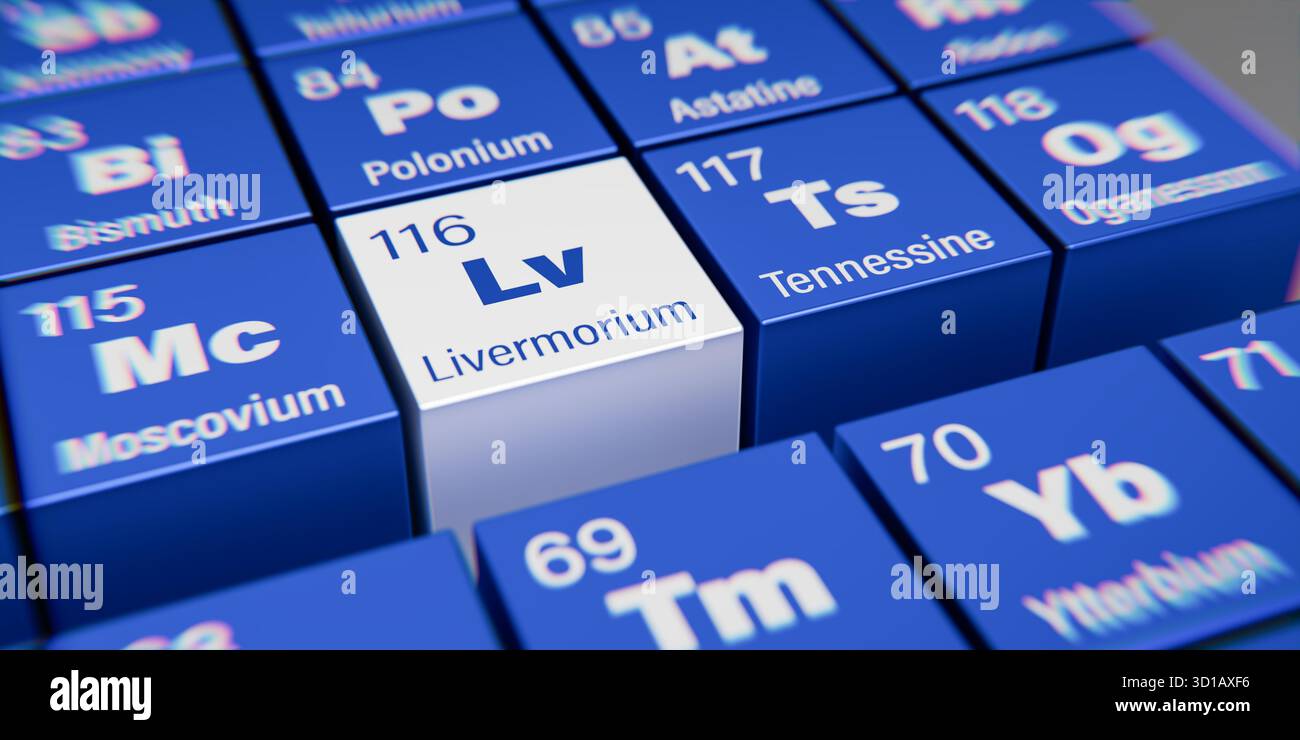 Vista dettagliata dell'elemento chimico LV Livermorium con il numero atomico 116 all'interno della tavola periodica degli elementi. Effetto di dispersione dinamica su Foto Stock