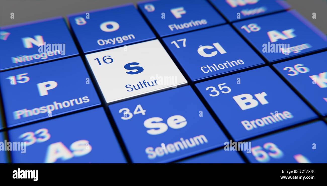 Vista di dettaglio dell'elemento chimico S zolfo con il numero atomico 16 all'interno della tavola periodica degli elementi. Effetto di dispersione dinamica agli angoli Foto Stock