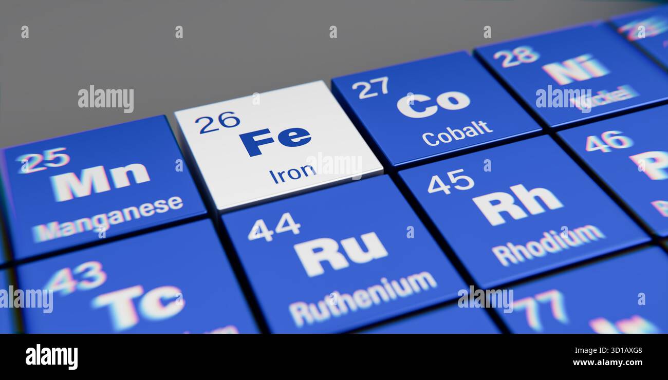 Vista dettagliata dell'elemento chimico Fe Iron con il numero atomico 26 all'interno della tavola periodica degli elementi. Effetto di dispersione dinamica agli angoli Foto Stock