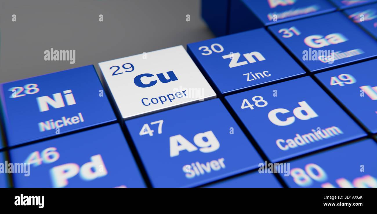 Vista di dettaglio dell'elemento chimico rame Cu con il numero atomico 29 all'interno della tavola periodica degli elementi. Effetto di dispersione dinamica sullo spigolo Foto Stock