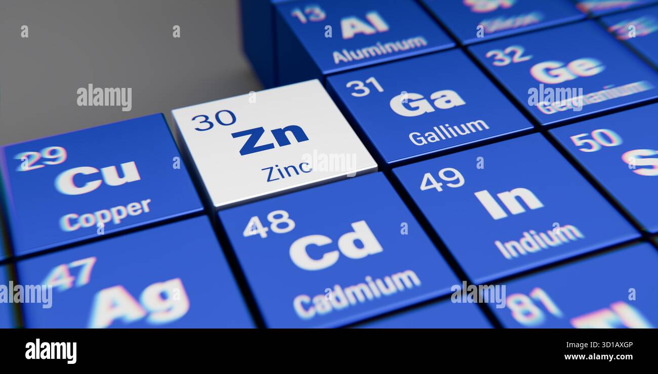 Vista di dettaglio dell'elemento chimico Zn Zinc con il numero atomico 30 all'interno della tavola periodica degli elementi. Effetto di dispersione dinamica agli angoli Foto Stock