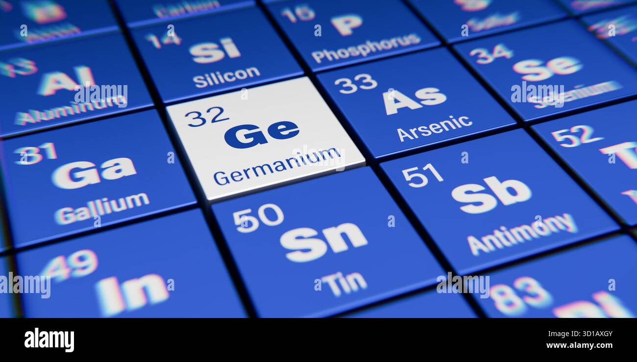 Vista dettagliata dell'elemento chimico GE Germanium con il numero atomico 32 all'interno della tavola periodica degli elementi. Effetto di dispersione dinamica al cuore Foto Stock