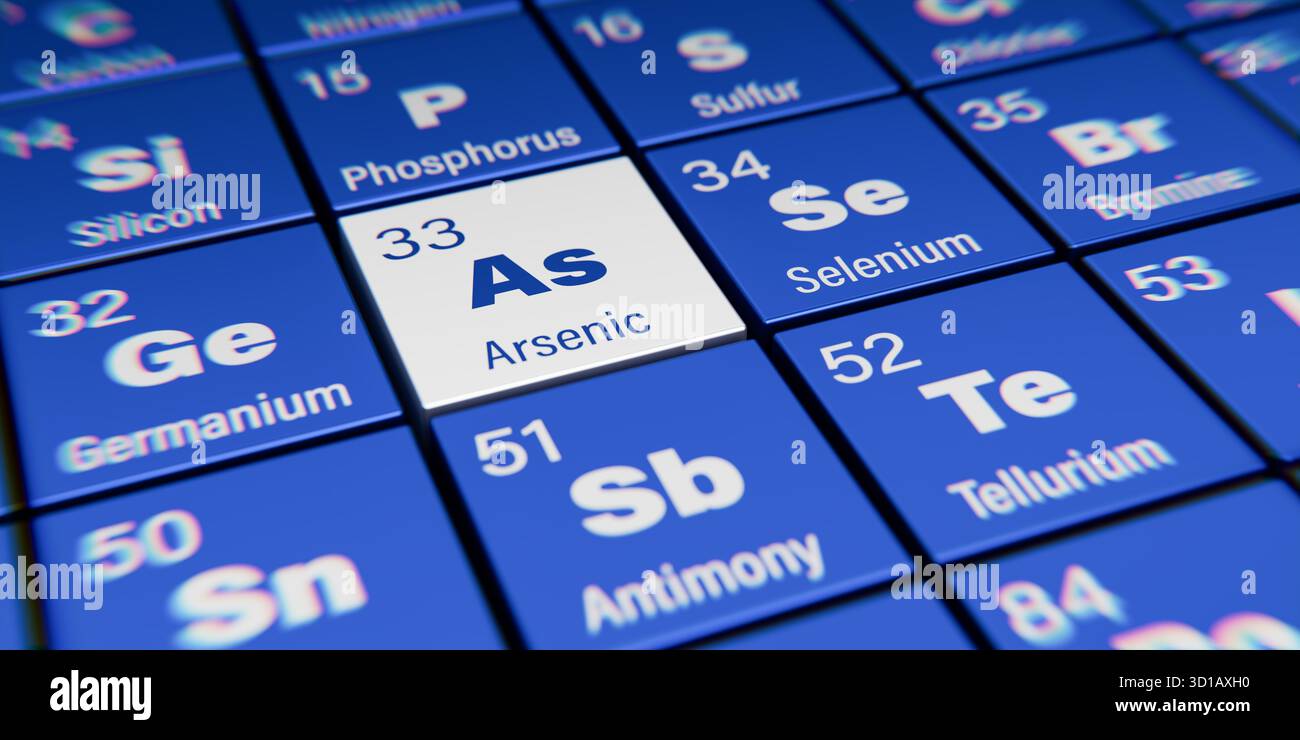 Vista di dettaglio dell'elemento chimico come arsenico con il numero atomico 33 all'interno della tavola periodica degli elementi. Effetto di dispersione dinamica sul corne Foto Stock