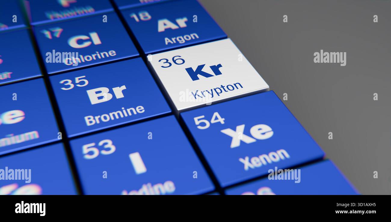 Vista di dettaglio dell'elemento chimico KR Krypton con il numero atomico 36 all'interno della tavola periodica degli elementi. Effetto di dispersione dinamica sul corne Foto Stock