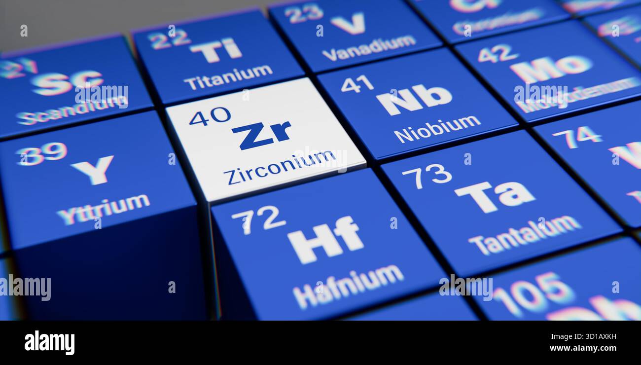 Vista di dettaglio dell'elemento chimico Z zirconio con il numero atomico 40 all'interno della tavola periodica degli elementi. Effetto di dispersione dinamica sul granturco Foto Stock