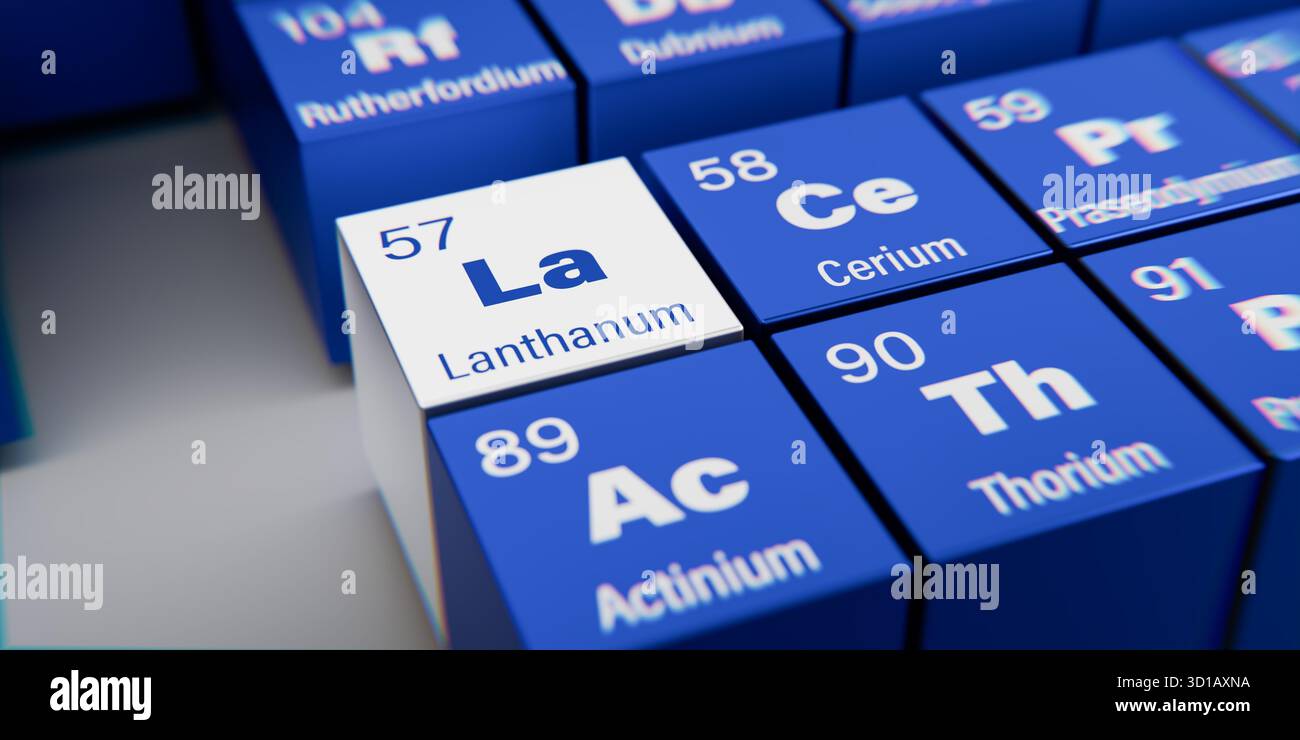 Vista dettagliata dell'elemento chimico la Lanthanum con il numero atomico 57 all'interno della tavola periodica degli elementi. Effetto di dispersione dinamica al cuore Foto Stock