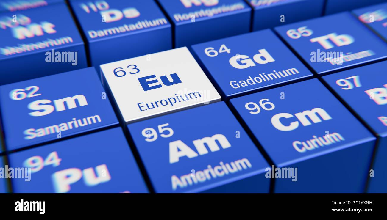Vista dettagliata dell’elemento chimico EU europium con il numero atomico 63 nella tavola periodica degli elementi. Effetto di dispersione dinamica sul granturco Foto Stock