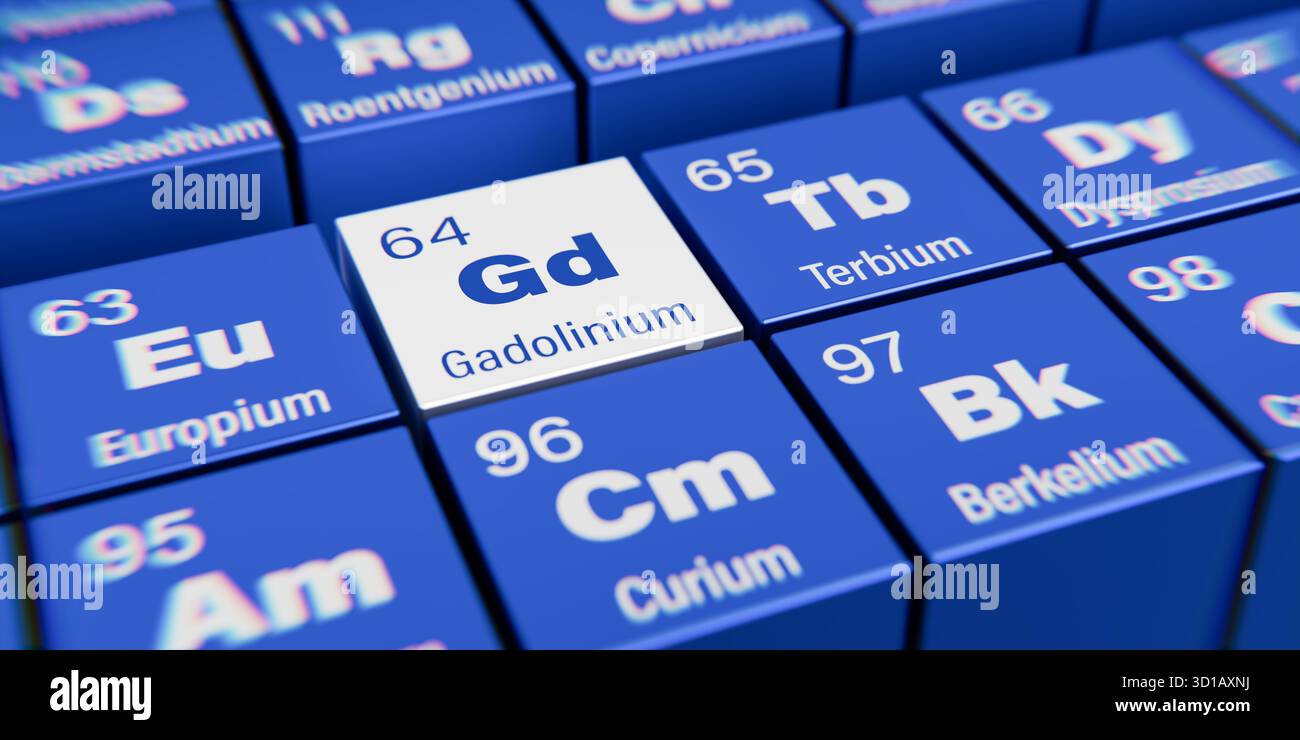 Vista dettagliata dell’elemento chimico Gd Gadolinium con il numero atomico 64 all’interno della tavola periodica degli elementi. Effetto di dispersione dinamica in corrispondenza del co Foto Stock