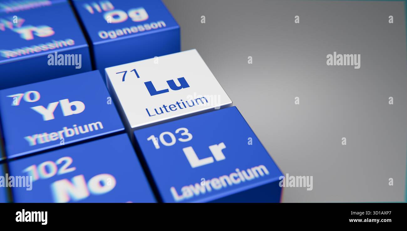 Vista dettagliata dell'elemento chimico Lu Lutezio con il numero atomico 71 all'interno della tavola periodica degli elementi. Effetto di dispersione dinamica sul granturco Foto Stock