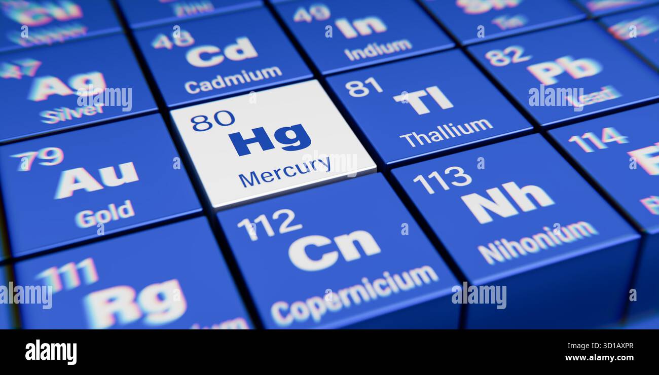 Vista dettagliata dell’elemento chimico Hg mercurio con il numero atomico 80 all’interno della tavola periodica degli elementi. Effetto di dispersione dinamica sul corne Foto Stock