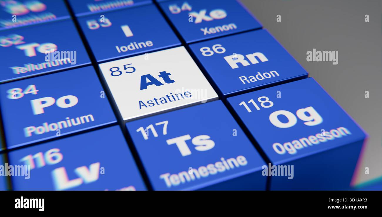 Vista di dettaglio dell'elemento chimico all'astatina con il numero atomico 85 all'interno della tavola periodica degli elementi. Effetto di dispersione dinamica sul granturco Foto Stock
