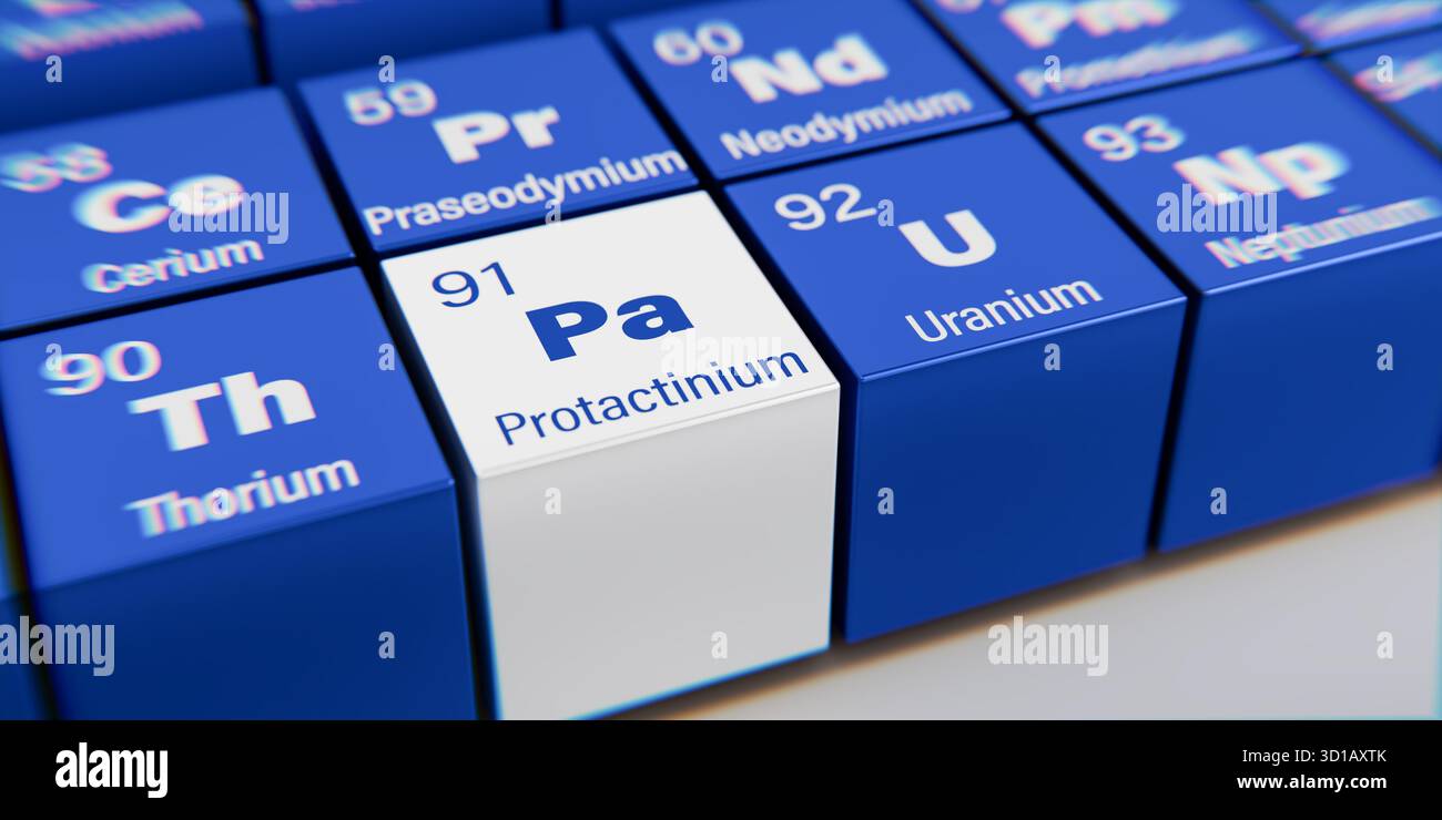 Vista dettagliata dell'elemento chimico Pa protattinio con il numero atomico 91 all'interno della tavola periodica degli elementi. Effetto di dispersione dinamica su Foto Stock
