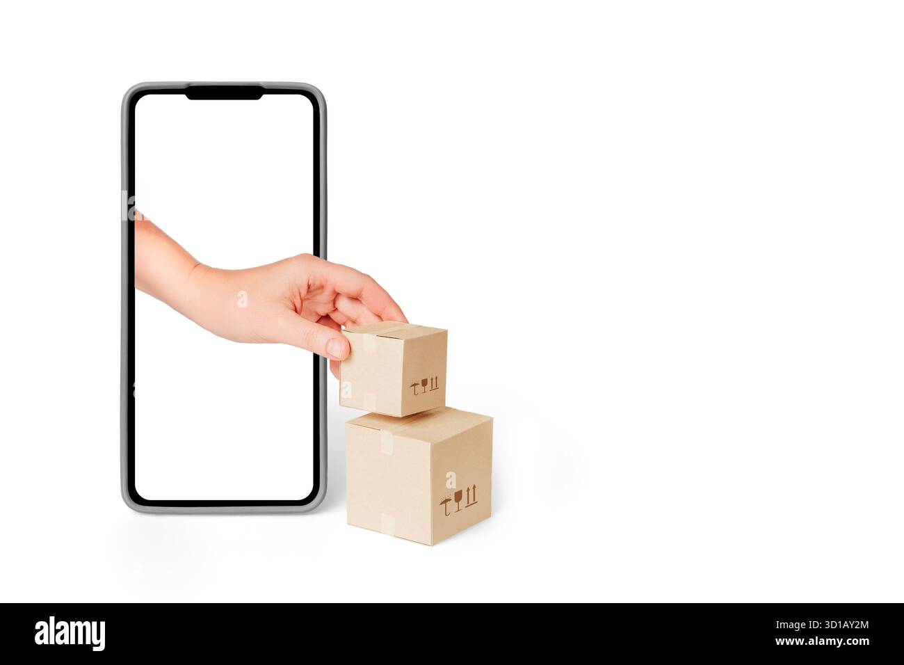 Concetto di e-commerce: Hand aggiunge caselle dallo schermo di uno smartphone. Ordini online, pagamenti e consegna rapida. Foto Stock