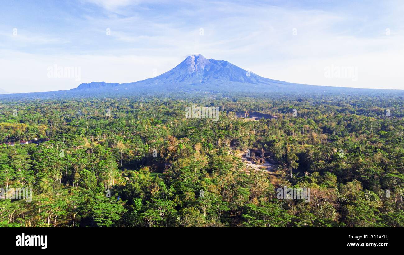 La vista aerea del maestoso Monte Merapi sorge in lontananza su un fitto arazzo di lussureggianti alberi verdi, in contrasto con il cielo azzurro, Klaten, Giava centrale, Indonesia. Foto Stock