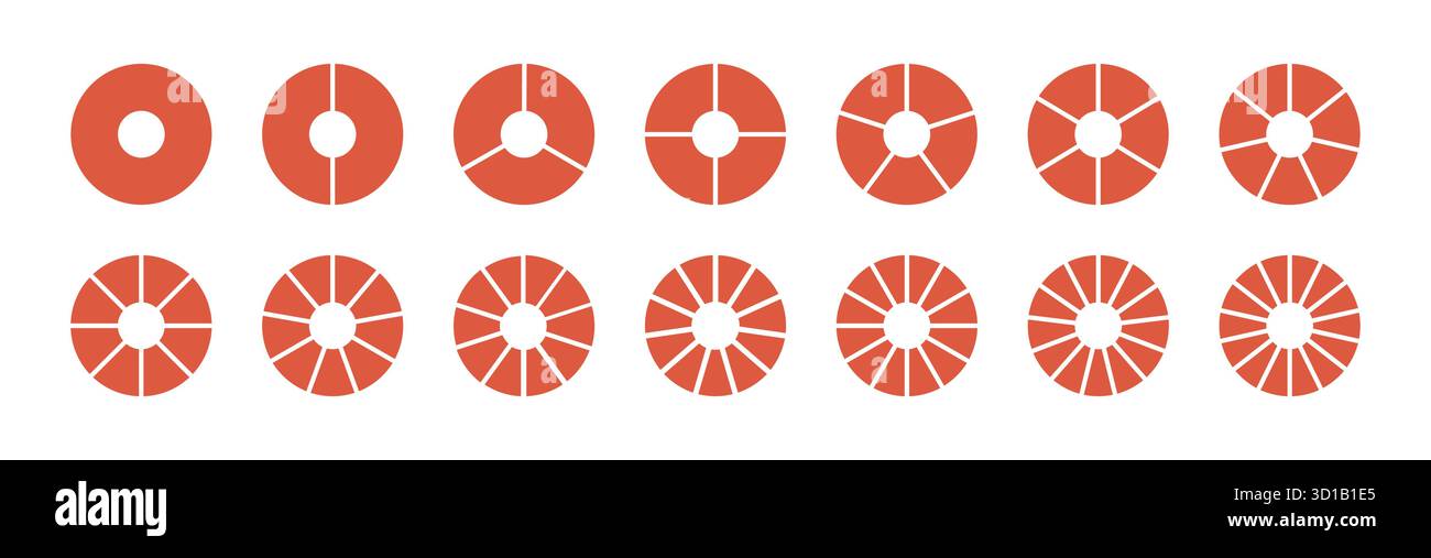 Divisione cerchio su 1, 2, 3, 4, 5, 6, 7, 8, 9, 10, 11, 12, 13, 14 parti uguali. Durata ruote rotonde diagrammi divisi con segmenti. Infografica vuota Illustrazione Vettoriale