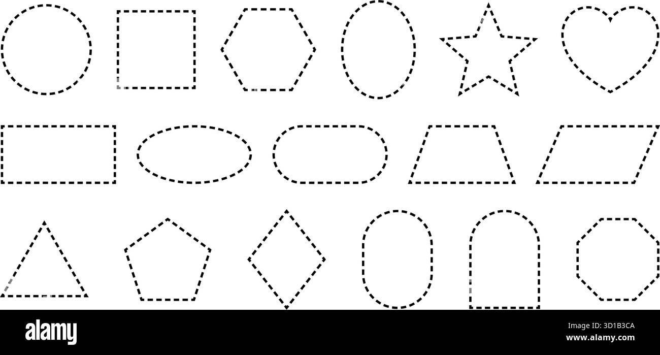 Bordi linea tratteggiata. Contorni punteggiati di quadrati, cerchi e rettangoli. Telai patch con punti. Illustrazione Vettoriale