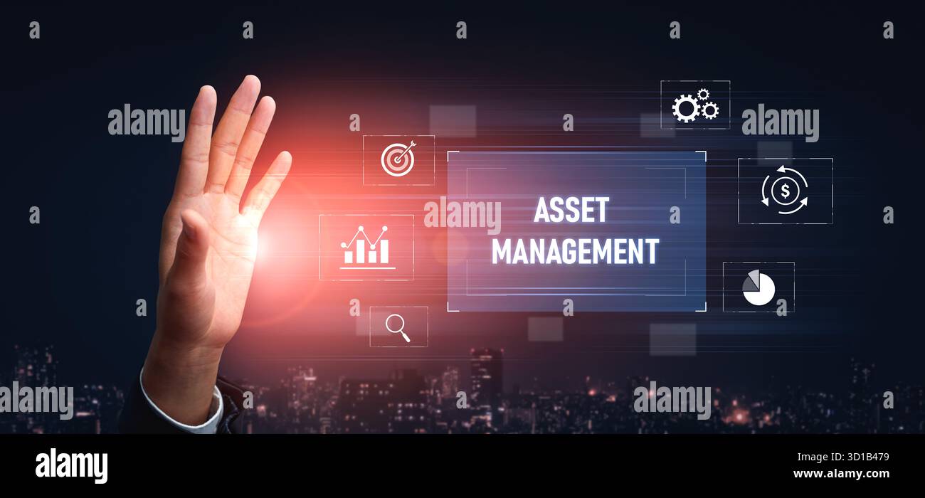 Sistema di gestione delle risorse che mostra la pianificazione degli investimenti, il monitoraggio degli obiettivi finanziari, l'analisi del ROI e il monitoraggio delle prestazioni per un utilizzo efficiente delle risorse Foto Stock
