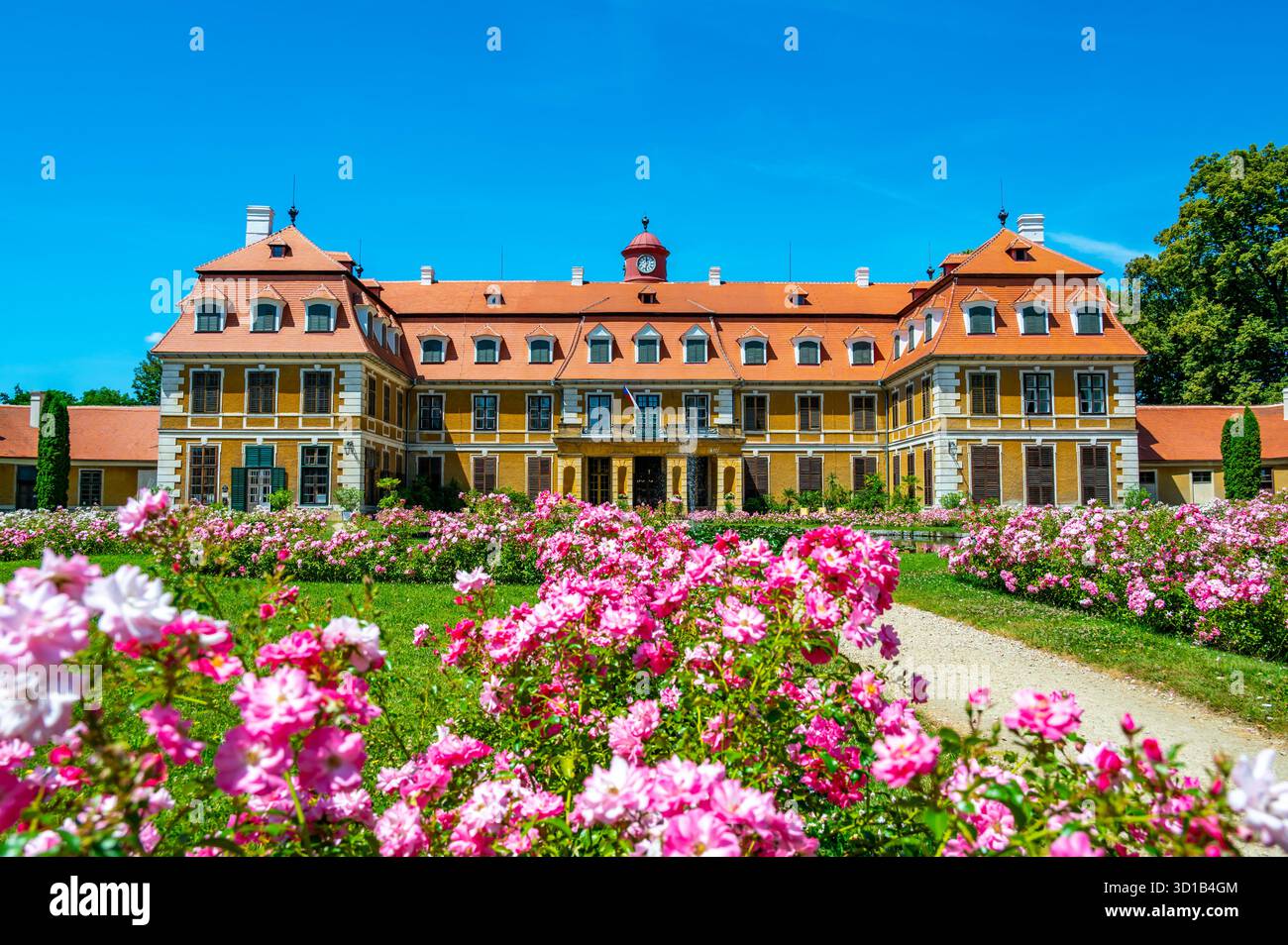 Vista panoramica del castello di Rajec Jestrebi in una soleggiata giornata estiva con cielo blu, rose rosa fiorenti e una fontana di fronte all'edificio storico. Foto Stock