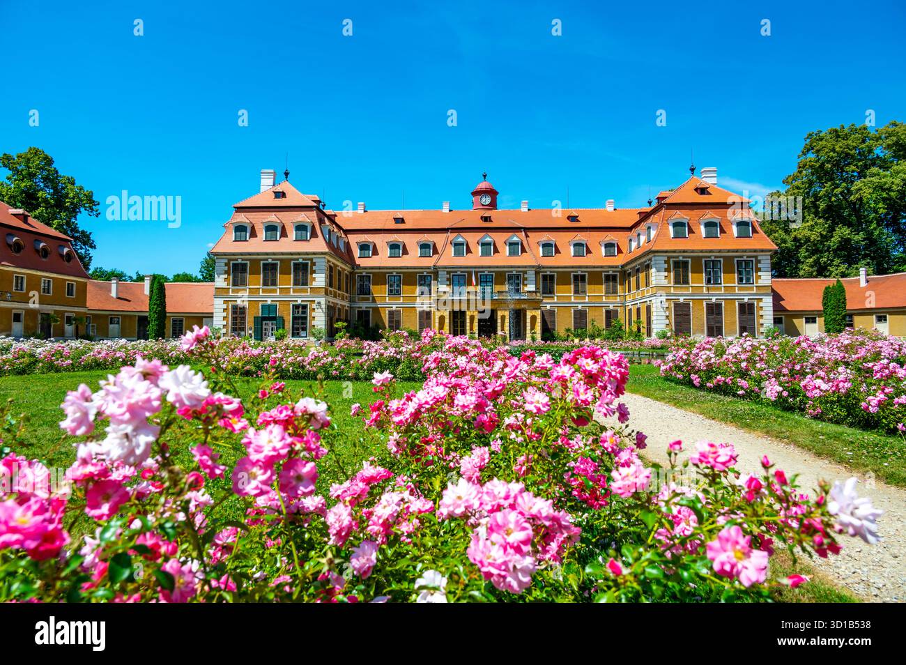 Vista panoramica del castello di Rajec Jestrebi in una soleggiata giornata estiva con cielo blu, rose rosa fiorenti e una fontana di fronte all'edificio storico. Foto Stock