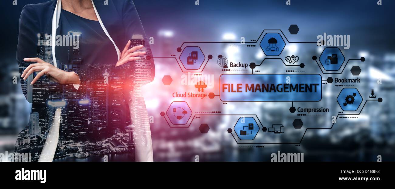 Questa immagine illustra i moderni concetti di gestione dei file nella tecnologia, mostrando storage cloud, backup e compressione con uno skyline dinamico della città Foto Stock