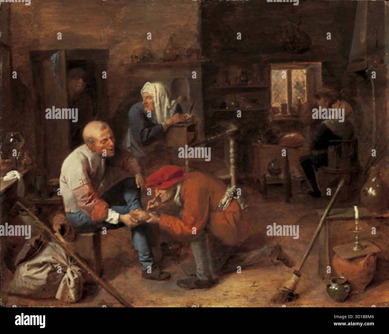 BROUWER, Adriaen (B. CA. 1605, Oudenaerde, d. 1638, Anversa) l'operazione c. 1631 olio su pannello, 31,4 x 39,6 cm alte Pinakothek, Monaco Adriaen Brouwer rappresenta il legame tra pittura olandese e fiamminga di genere. Visse ad Anversa e Amsterdam e sembra essere stato allievo di Frans Hals, anche se l'influenza di Rubens è evidente anche nel suo lavoro. I suoi dipinti ci introducono al mondo della pittura di genere olandese, che godette di grande successo nel XVII secolo. Brouwer dipinse quasi esclusivamente soggetti di taverne e bevitori, che usò per sottolineare gli effetti negativi dell'alcol. Suo Foto Stock