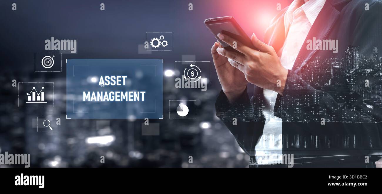 Sistema di gestione delle risorse che mostra la pianificazione degli investimenti, il monitoraggio degli obiettivi finanziari, l'analisi del ROI e il monitoraggio delle prestazioni per un utilizzo efficiente delle risorse Foto Stock