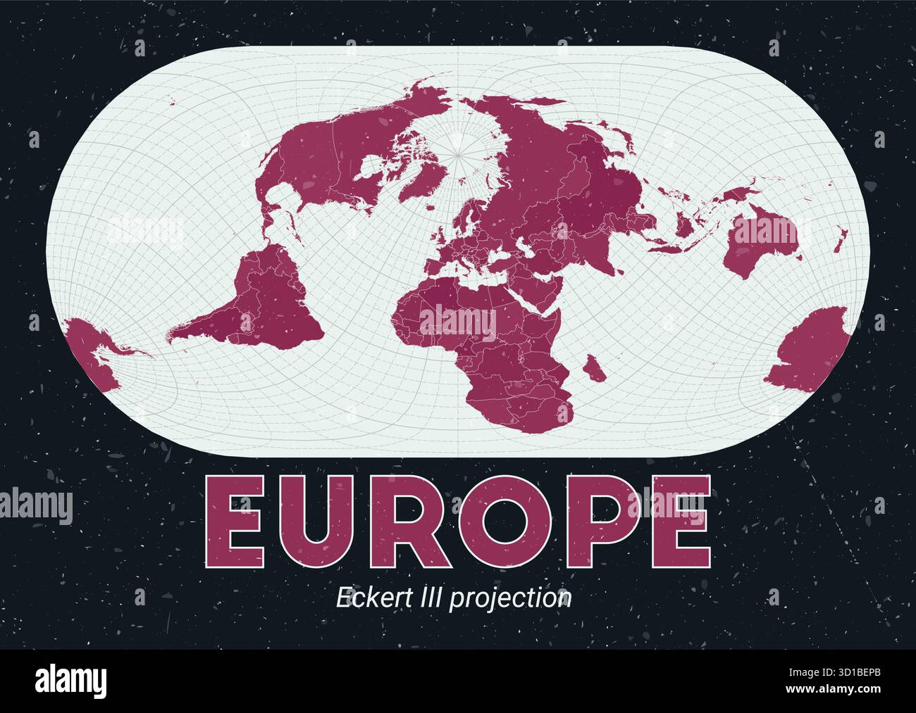 Europa. Mappa del mondo. Proiezione di Eckert III incentrata sull'Europa. Pallido Mint Dark Pink (Rosa scuro). Texture vintage. Illustrazione vettoriale attiva. Illustrazione Vettoriale