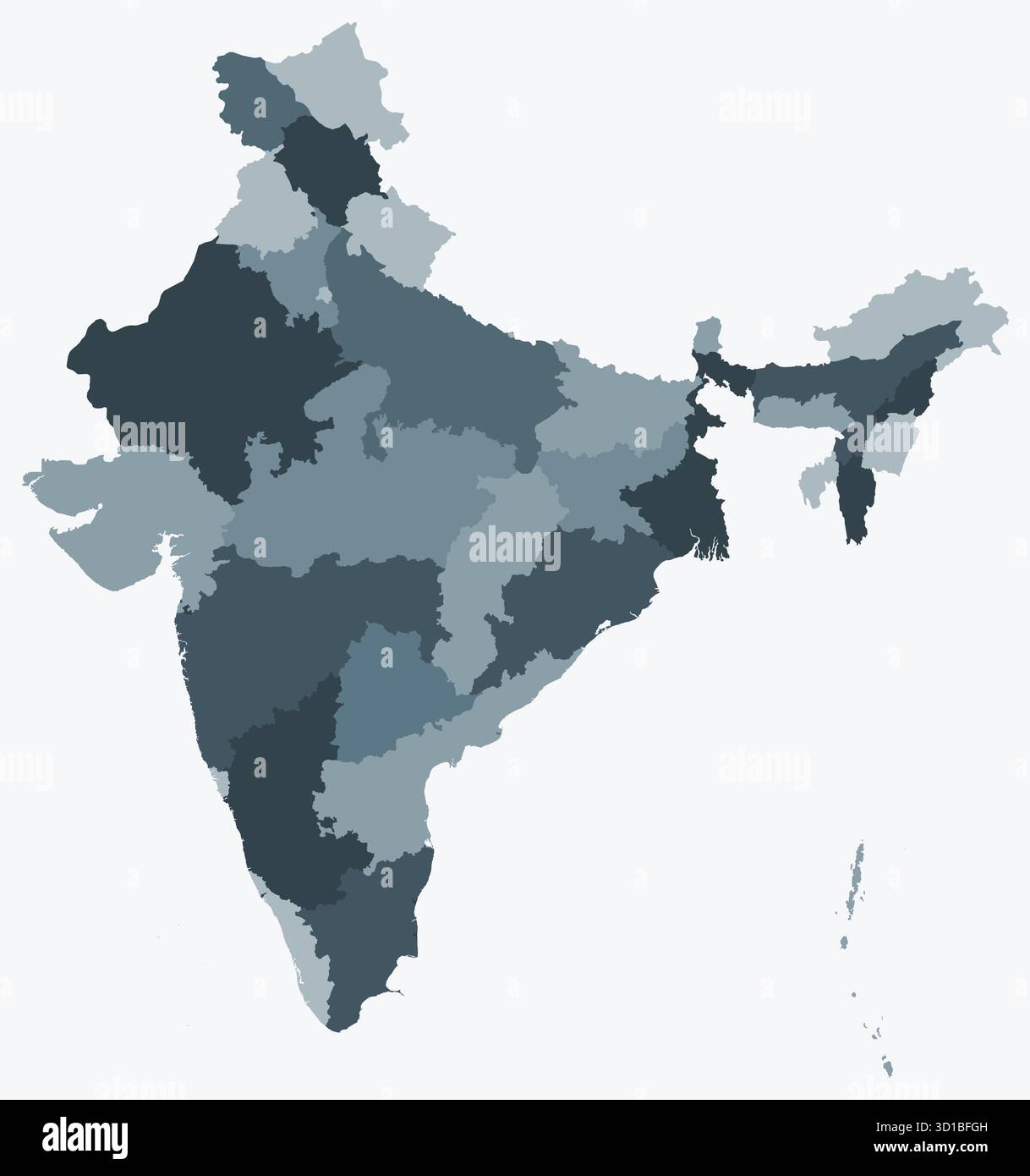 Mappa dell'India con gli stati. Solo una semplice mappa di confine con la divisione dello stato. Tavolozza dei colori blu-grigio. Illustrazione Vettoriale